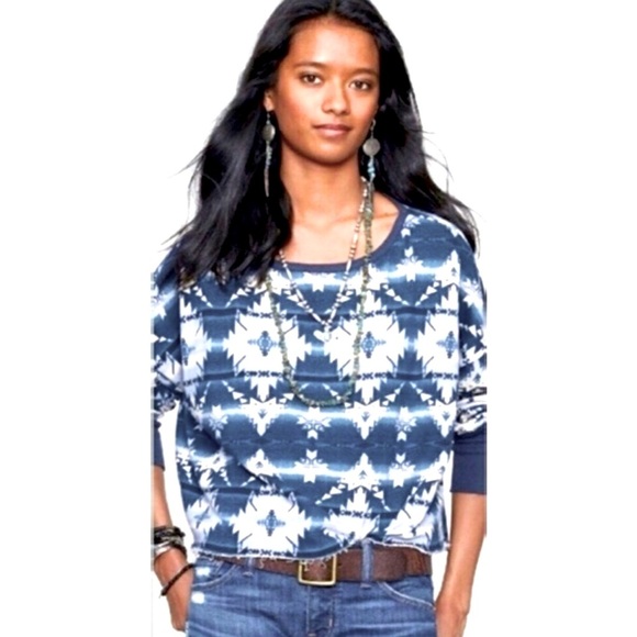 NEW! Denim & Supply Ralph Lauren Aztec Tribal Print Crop Shirt Blue SZ S - Picture 1 of 7